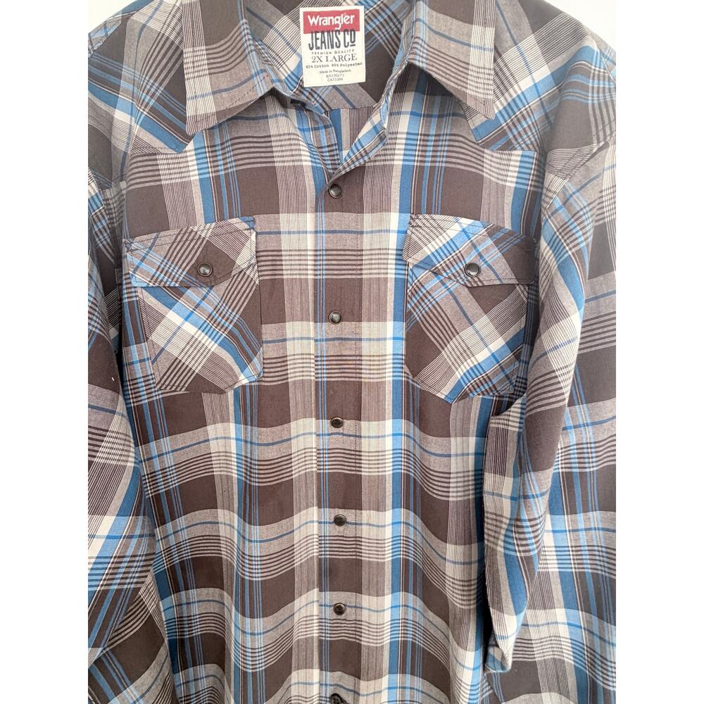 Wrangler Jeans Co Pearl Snap Western Shirt Mens 2XL Gray Blue Plaid Long Sleeve - Picture 4 of 4